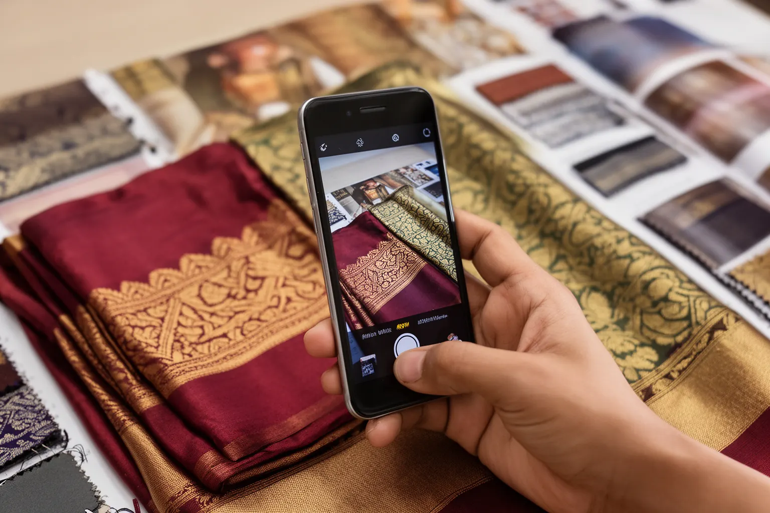 A phone photographing a silk saree swatch to find the matching product