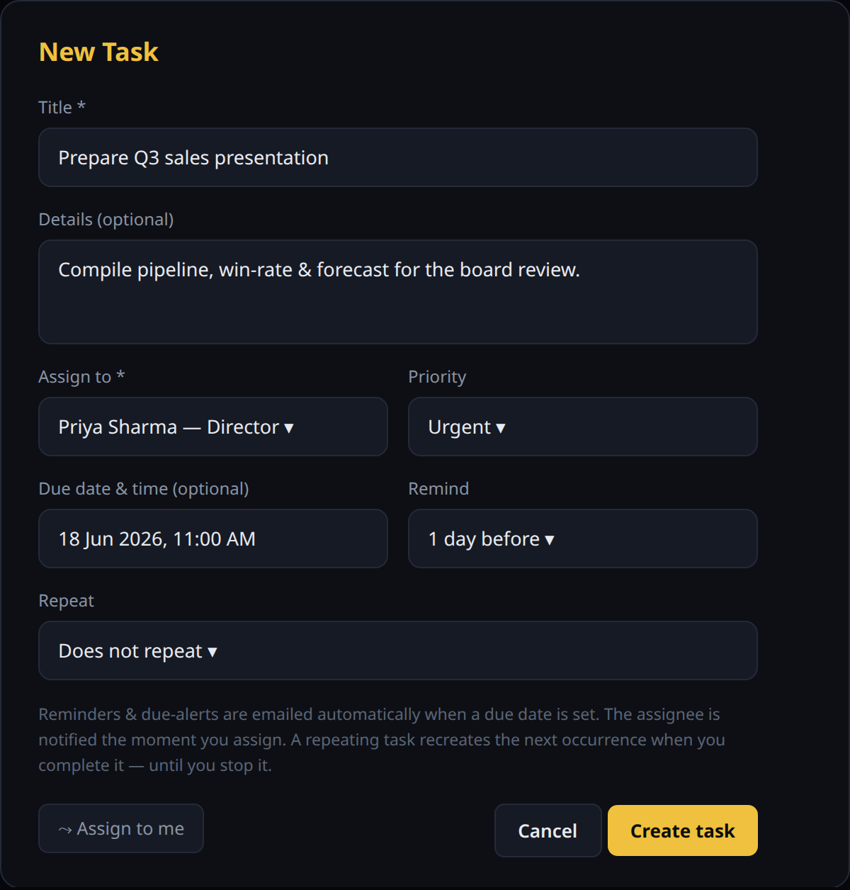 New Task form — assignee, priority, due date, reminder and repeat options